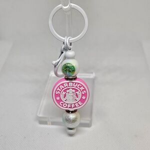 NWT Pink Starbucks Coffee Bling and Beaded White Keychain